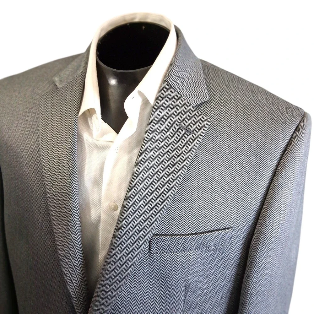 Chaps Mens Blazer 46L Grey Herringbone Two Button Sport‎ Coat Classic